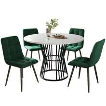 Dining Table Set (5-Piece), Dining Table Set With 4 Chairs, Kitchen Table Set, Round Dining Table With 100 Cm Diameter And Black Metal Legs, White MDF Tabletop, Green Velvet Dining Chairs - Multicolor - View 6