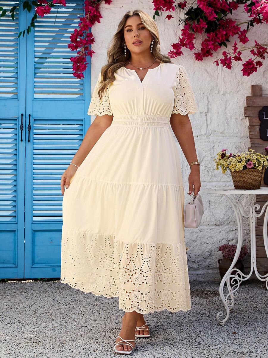 Simplee Plus Size Women's Summer New V-Neck Embroidered Hollow-Out Elegant Dress, Cream Yellow