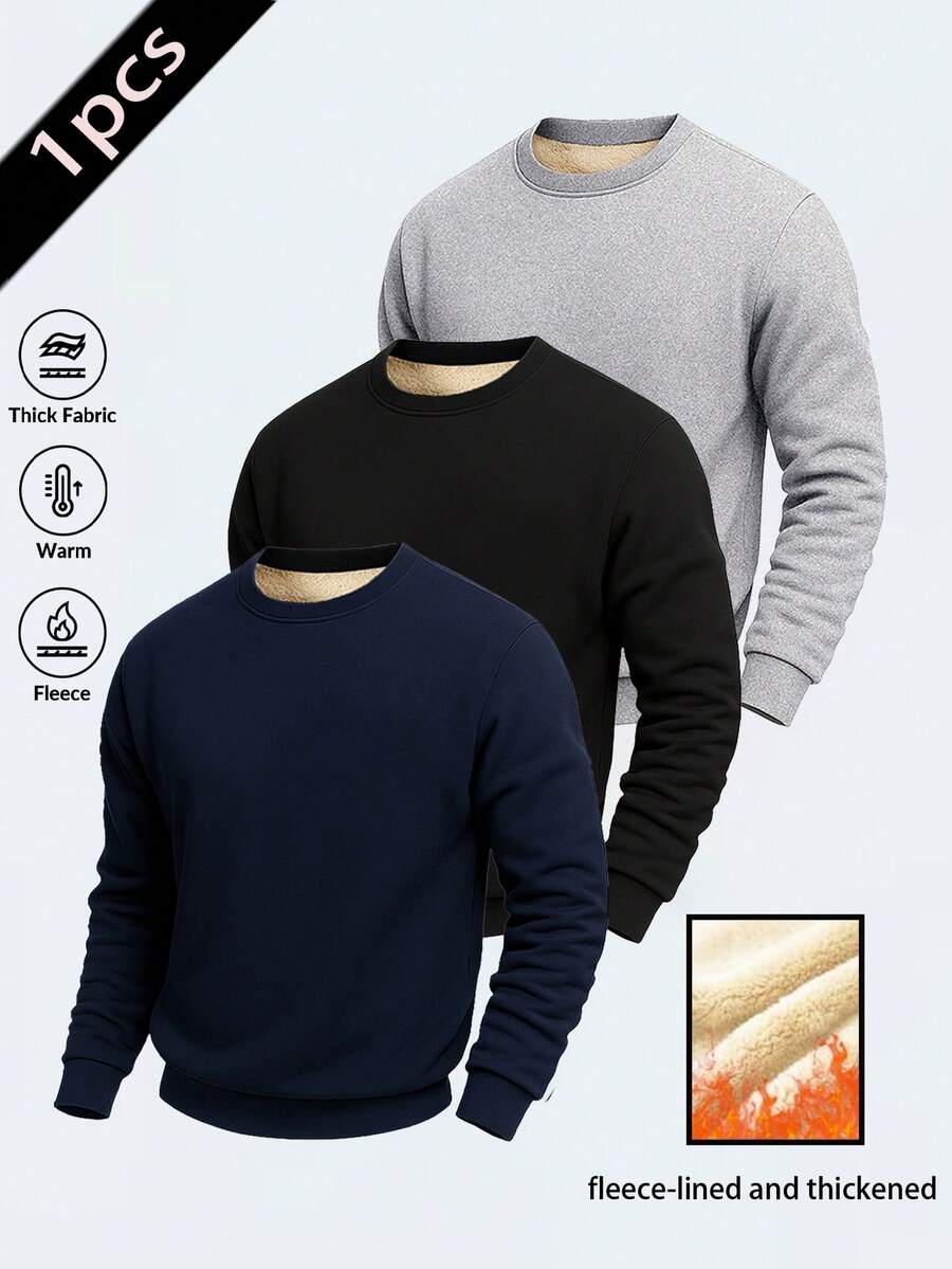 Men's Casual Thermal Lined Warm Crew Neck Sweatshirt, Autumn/Winter - Blue - View 1