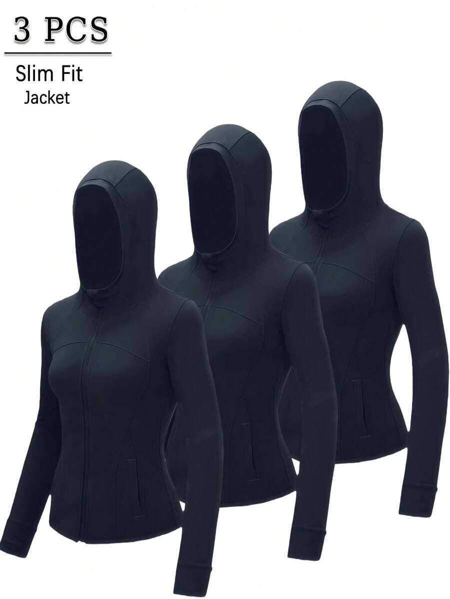 3-Piece Set Of Autumn And Winter Women's Hooded Sports Jacket, Winter Women's Jacket With Elastic Comfort, Thumb Button Back Shaping, Abdominal Shaping, Slimming And Fitness, Running Sportswear, Zipper Elasticity, Minimalist Fashion, Sexy, Slim Fit, Long Sleeved Yoga Clip - Màu xanh hải quân - Xem 1