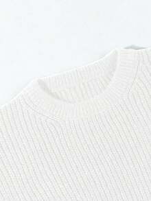 Lightweight, Warm Knit Pullover Sweater, Loose Fit, Polyester Fabric, Casual, Collegiate Style, Unisex Design, Long Sleeve, Drop Shoulder, Minimalist Crew Neck, Suitable For Autumn And Winter - White - View 5