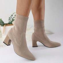 Boots For Women Ankle Booties Knit Sock Boots Pointed Toe Chunky Heel Lightweight Comfort Booties Slip On Ladies Fall Boots Dressy Vintage Fall Winter Casual Boot Stiletto Heels Zapatos De Mujer Tacones - 卡其色 - 查看 9