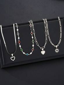 4 piezas Elegante collar en forma de corazón de plata con capas de coloridos rhinestones, regalo perfecto para mujeres en vacaciones, citas, fiestas, bailes, cumpleaños - Plateado - Ver 7