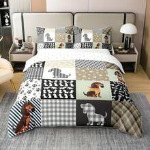 % Cotton Pink Dachshund Comforter Cover, Flower Floral Bedding Set, Kawaii Sausage Dog Duvet Cover, Lovely Puppy Quilt Cover, Soft Comfy, Dachshund Bedding - 黑色 白色 灰色 - 查看 11