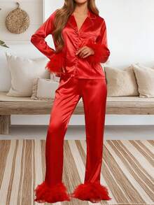 Women's 2 Piece Lounge Set Long Sleeve Lapel Button Up Satin Shirt Pants Sleepwear Sets - 紅色 - 查看 5
