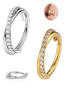 Nose Rings Hoop -Clear CZ Double Nose Ring Stainless Steel Hinged Segment Rings For Women 16G Hypoallergenic Earrings Jewelry For Cartilage Helix Rook Tragus Conch Daith - As Shown In the Figure - View 1