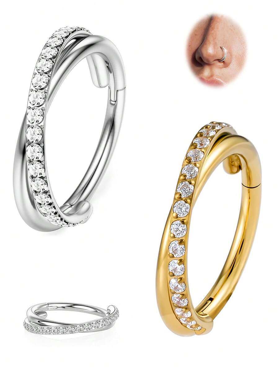 Nose Rings Hoop -Clear CZ Double Nose Ring Stainless Steel Hinged Segment Rings For Women 16G Hypoallergenic Earrings Jewelry For Cartilage Helix Rook Tragus Conch Daith - As Shown In the Figure - View 1
