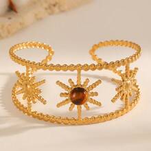 1pc High-Quality Charming Women's Stainless Steel Bangle Bracelet With Agate And Tiger Eye Stones, Jewelry Accessory, Golden Accessory, Gift For Women - Gold - View 12