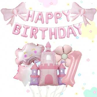 Castle Shaped Matte Pink Bow Cloud Pink Letter Pull Flag Aluminum Foil Balloon Set, Suitable For Birthday Party Decoration, Home Decor