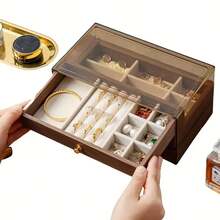 Brown Retro Style Acrylic Jewelry Box, Three-Layer Drawer Design, Partitioned Storage For Necklaces, Earrings And Rings, Easy Storage For Earrings Necklaces, Fashionable Storage Box, A Choice For Holiday Gift Texture - Brown - View 7