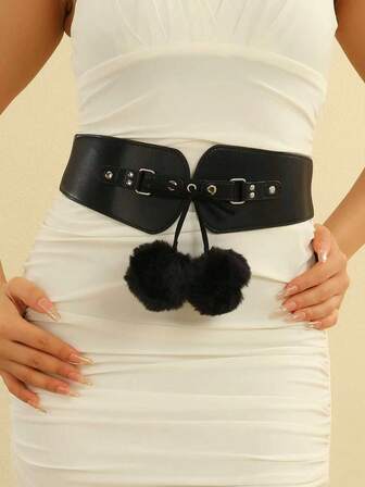 1 st midjebälte för kvinnor med pälsbollsrosett, elastisk midjebanddekor, vintage metallspänne, mångsidigt svart midjeband lämpligt för vardagsbruk