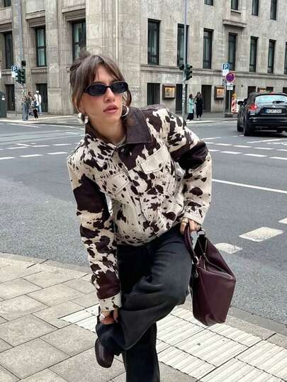 GMFP 女士休闲时尚优雅宽松超大翻领印花长袖外套，适合音乐节/婚礼季、春夏穿着