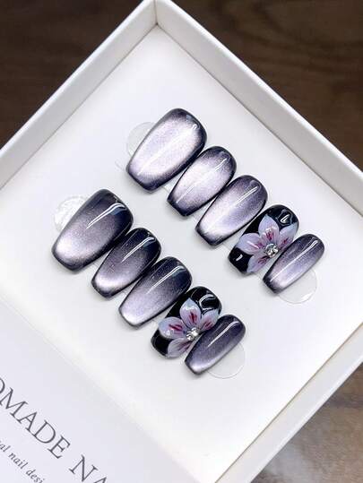 纯手工绘制的精美美甲贴片；手工绘制、雕刻的紫色猫眼个性化秋冬美甲贴片，美甲用品，手工按压式美甲贴片