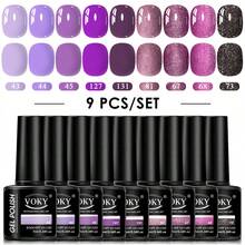 VOKY 9色新款秋冬暖色调凝胶指甲油套装，包含裸棕色、焦糖棕色、樱桃红等多种颜色，UV/LED固化，液体配方，时尚美甲套装