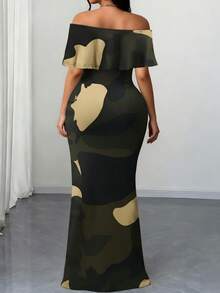 Đầm bodycon hở vai họa tiết rằn ri thời trang và thanh lịch cỡ lớn 1 chiếc có viền xếp nếp và túi - màu xanh lá - Xem 3