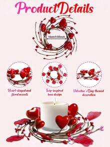 1pc/2pcs Valentine's Day Candle Ring Wreath Mini Wreath Red Heart Candle Holder New Arrival Valentine's Day Mother's Day Red Heart Berry Candle Ring Candle Holder Ring Table Decor Red Holiday Wedding Party, Home Office, Indoor Table Accent