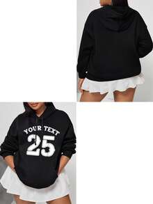 Customized Lucky Number Text Fleece Sweatshirt For Plus Size Women, Personalize With Your/Couple's/Family's/Pet's/Friend's Lucky Number & Blessing, Suitable For Valentine's Day, Christmas, Autumn/Winter , Holiday Gift, Birthday Gift, Party , Winter Plus Size Women Sweatshirt - Black - View 3