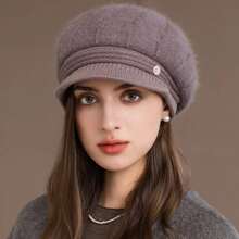 New Fashion Winter Hat For Women With Brim, Dandy Fur-Lined Plush Hats For Women, Casual Rabbit Fur Blend Knitted Hat - Khaki - View 4