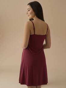 Nursing Nightgown With Lace Detail Postpartum Comfort Maternity. - Burgundy - View 4