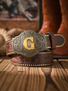 1pc Men's Western Style Letter Buckle PU Leather Belt (Hole Puncher Included) - Yellow Gold - View 13