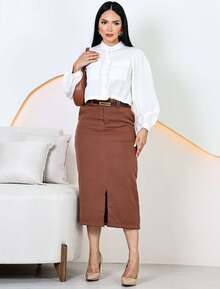 Elegant Midi Skirt For Evangelical Women With Belt - 灰色/棕色 - 查看 2