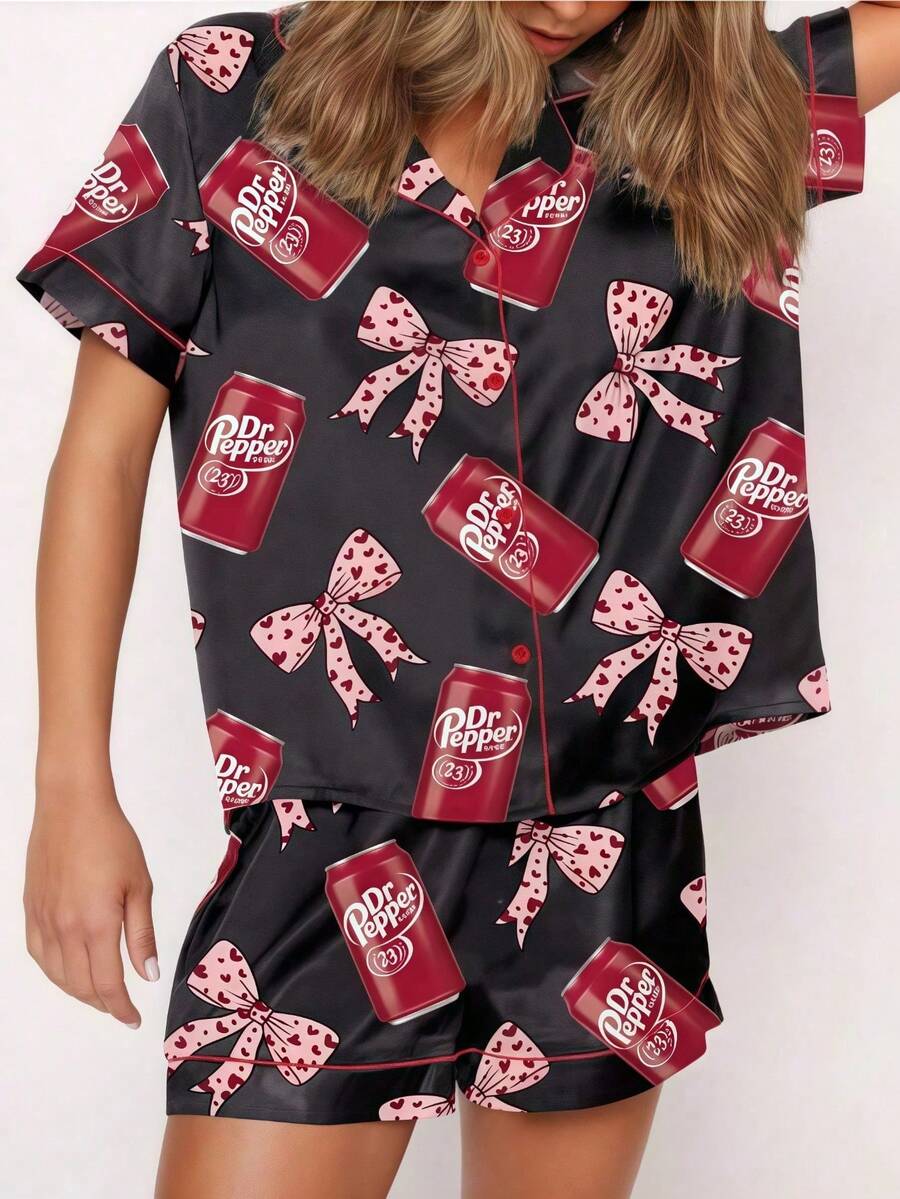 Pepper Drink Pink Coquette Bow Satin Pajama Set For Women Print Comfy Satin Sleepwear & Loungewear Pjs Printing Silky Top & Bottoms - 短款/黑色 - 查看 1