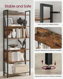 Bookcase, Kitchen Shelf, Standing Shelf With 6 Open Shelves, Hallway, Kitchen, Office, Sturdy Steel Frame, Industrial Design, 24 X 60 X 186 Cm, Vintage Brown/Ink Black