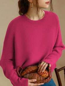 Knit Mix 优雅女士针织法式通勤毛衣，休闲宽松长袖圆领套头衫，适合秋冬季节、圣诞节、感恩节、新年、情人节等节日穿着，也是返校季和秋季的理想之选。 - 樹莓紅色 - 查看 8