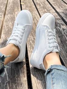 1 Pair Women's Versatile Casual Shoes, Front Lace-Up Flat Sneakers, Suitable For All Seasons - White - View 6