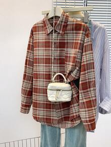 Women's Vintage Red Plaid Front Button Pocket Casual Shirt, Suitable For All Seasons - Red - View 4