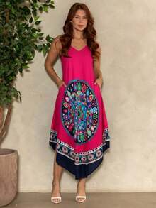 MIA BRAZIL Vestido Midi Trapézio Viscose Estampa Mandala Confortável C/ Bolsos Perfeito Verão, Dia a Dia e Praia-PLK-2104 - Rosa chiclete - Visão 2