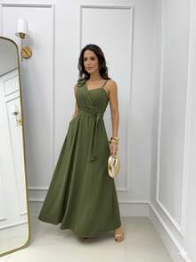 Women's Long Dress With Thin Straps And Bow, Elegant, Chic Party, Wedding, Graduation, Modest Fashion, Padded Bra. - Dark Green - View 1