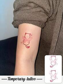 1张情人节临时纹身贴纸，Y2K风格粉色天使小猫动物图案，防水防汗，可水洗，不反光，手臂和肩膀仿真纹身，适合时尚人士，可持续3-5天。 - 彩色 - 查看 1