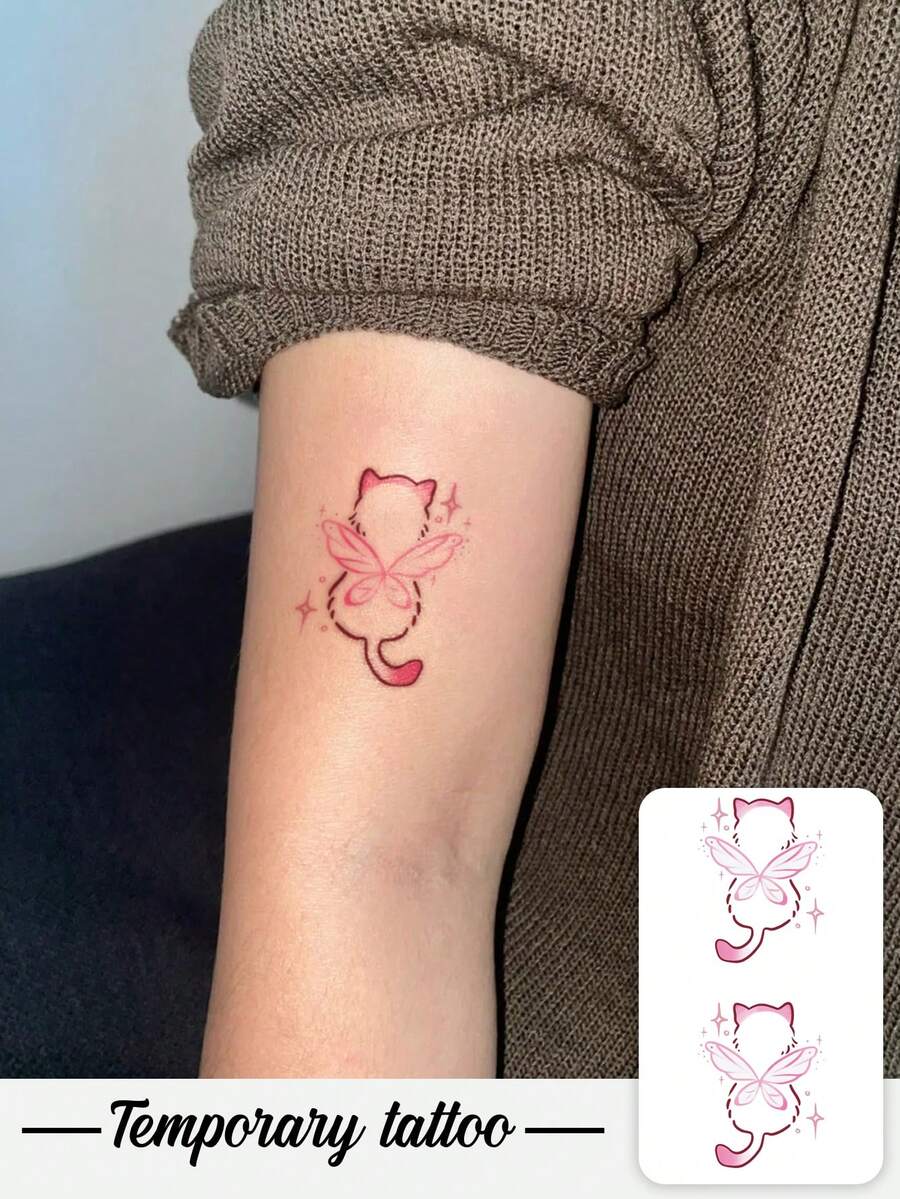 1张情人节临时纹身贴纸，Y2K风格粉色天使小猫动物图案，防水防汗，可水洗，不反光，手臂和肩膀仿真纹身，适合时尚人士，可持续3-5天。 - 彩色 - 查看 1