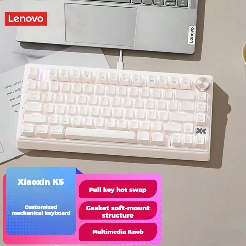 Lenovo Xiaoxin K5 Wired Mechanical Keyboard: 79-Key Hot-Swappable Design, Gasket Mechanism, Tunnel Boring Switches, Suitable For Gaming And Office Use. - White Chocolate Brownie - View 1