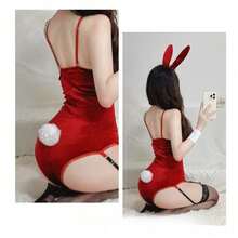 Sexy Lingerie Velvet Bunny Girl One-Piece Crotch Hidden Button Uniform Teasing Passion Suit Nightclub Performance Costume Christmas Gift - 紅兔女郎+黑色絲襪 - 查看 5