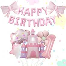 Conjunto de globos de aluminio con forma de castillo, lazo de color rosa mate, nube rosa y bandera de letra, adecuado para decoración de fiesta de cumpleaños, decoración del hogar - Multicolor - Ver 2