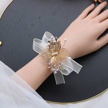 1pc Champagne Elastic Pearl Chain Wrist Corsage, Bridesmaid, Bridal Party, Wedding Accessories, Suitable For Bride, Groom, Wedding, Engagement, Events, Parties, Banquets Valentine's Day Accessories - Champagne - View 5