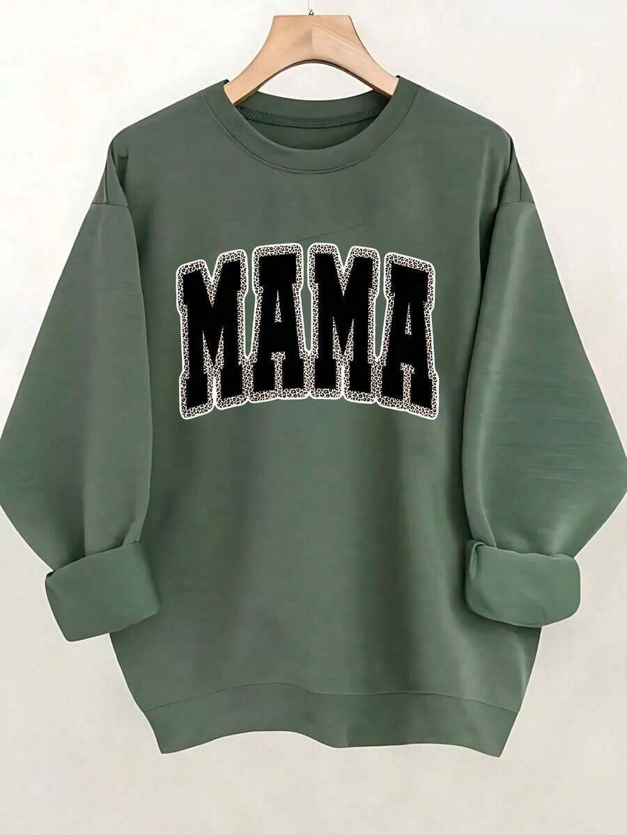 Winter Clothes For WomenWomen's Casual MAMA Letter Print Sweatshirt - Vibrant Pink With Bold Black Graphic, Round Neck Long Sleeve, Machine Washable SpringFall Comfort Pullover, Ladies Sweatshirts, Spring Fall Clothing, Relaxed Fit Top, Soft Texture ApparelLoose And Comfortablewinter Clothes For Women Christmas Outfit Women - 橄欖綠 - 查看 1