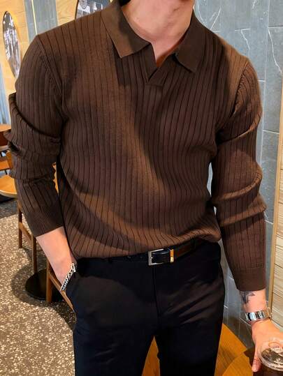 男士宽松修身长袖罗纹针织Polo衫，简约时尚，适合日常通勤，春秋季穿着