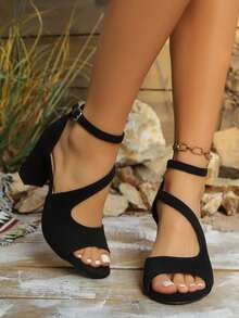 青少年高跟凉鞋，绒面革露趾粗跟凉鞋，时尚宽楦绑带高跟鞋，女童高跟鞋 - 黑色 - 查看 5