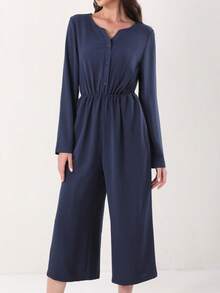 Jumpsuit | Long Sleeve, Wide Leg | Machine Washable | Casual, Elegant | Weekend Outing, Dating | Fashionable - Blue - View 4