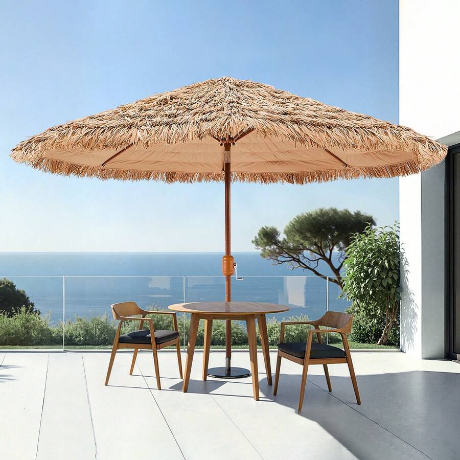 Tiki Umbrella, 9 Ft Thatched Patio Umbrella With Tilt, Hawaiian Style Beach Parasol With Durable PP Thatch And 8 Metal Ribs, Grass Pool Umbrellas For Beach, Patio, Poolside, Backyard & Garden - 棕色 - 查看 1