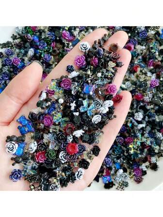 1 Set 3D Exquisite Nail Charms Set, Assorted Black Resin Nail Art Stickers, Gradient Sweet & Cool Style, 3D Nail Charms For Acrylic Nail, Assorted Nail Charms, Multi Shapes Cute Charms For Nail Art, Rose, Heart, Moon, Flower, Wings- Perfect Fashion For DIY Nail Art Jewelry Decoration