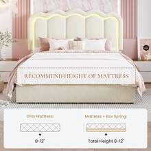 SHA CERLIN Cama tapizada de tamaño individual/doble/queen con luces LED, cabecero de terciopelo ajustable con diseño ondulado, sin ruido, plataforma de cama de listones de madera, fácil montaje, sin necesidad de caja de resortes, color crema - Crema - Ver 7
