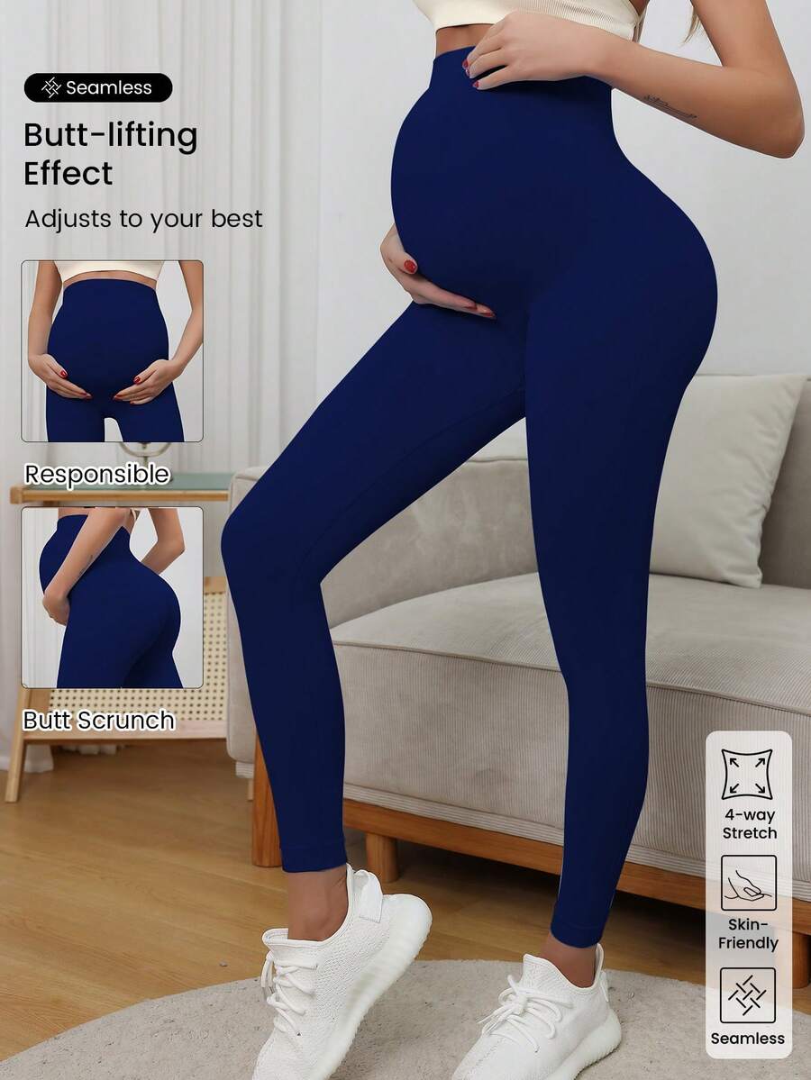 Maternity High Waist Seamless Elastic Solid Color Leggings, Suitable For Casual Daily Wear Spring - Royal Blue - View 1