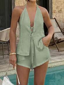 Unadoll 女士性感休闲V领露背系带上衣和弹力短裤两件套，适合居家、海滩、约会、音乐节、情人节等场合。 - 灰綠色 - 查看 8