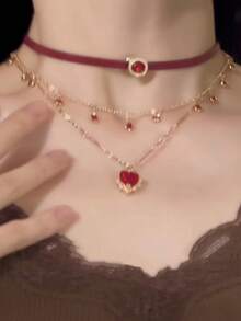 2件套时尚复古优雅情人节多层叠戴高端心形流苏项链，适合女性日常佩戴、派对、情人节约会、礼物