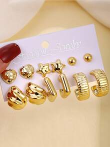 6 Pairs Fashion Heart & Star Decor Textured Stud Earrings Set For Women Daily & Party Wear,Ideal Gift For Friends