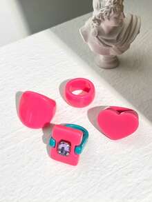 4pcs Exaggerated Colorful Geometric Contrast Color Asymmetrical Resin Ring Set, Versatile Rings (Size May Have Slight Variation, Color May Differ Between Batches)